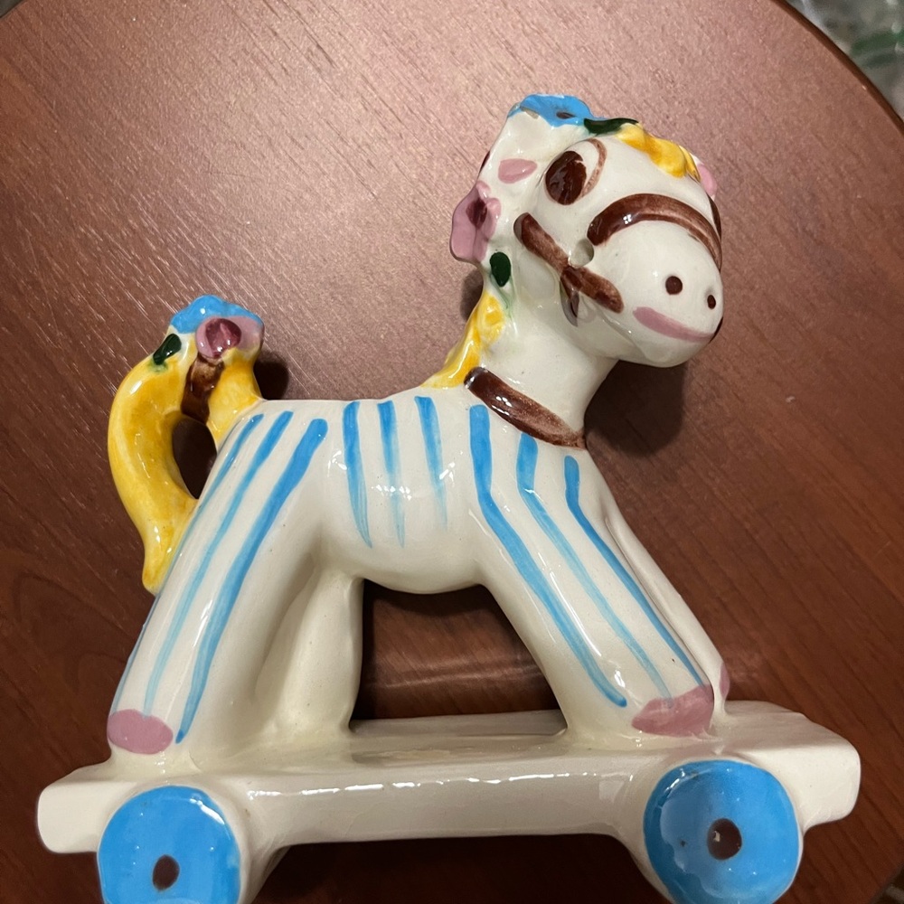 Whimsical Striped Ceramic Horse Vase on Wheels